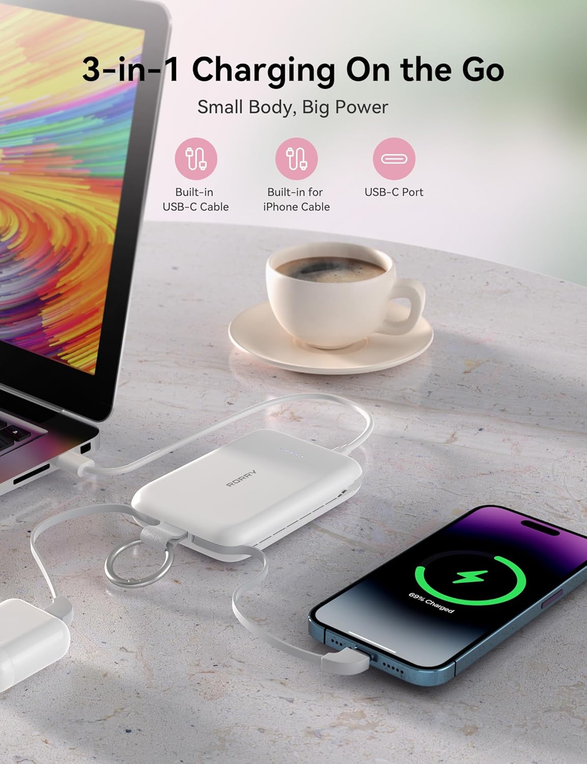 Detalle 1 de RORRY CharmGo T1-10000 30W PD 10,000mAh Portable Charger with Built-In Cables