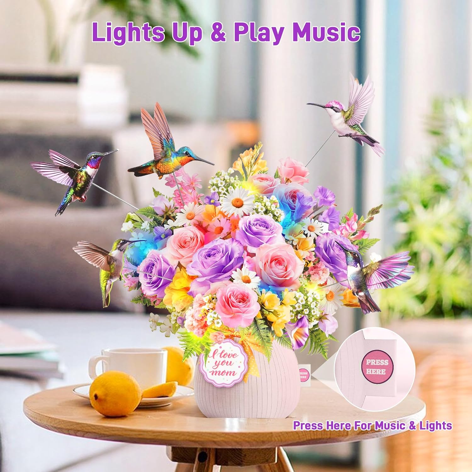 Thumbnail 1 de MZD8391: Music & Lights 3D Pop Up Mother's Day Card with Hummingbirds
