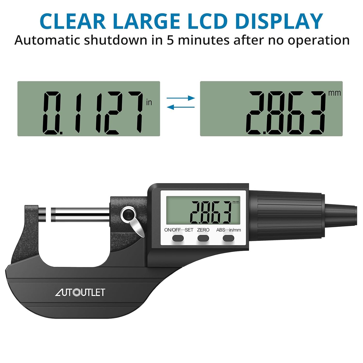 Detalle de AUTOUTLET 0~25mm/0-1" External Micrometer with Stainless Steel Anvil — Digital Precision for Professionals