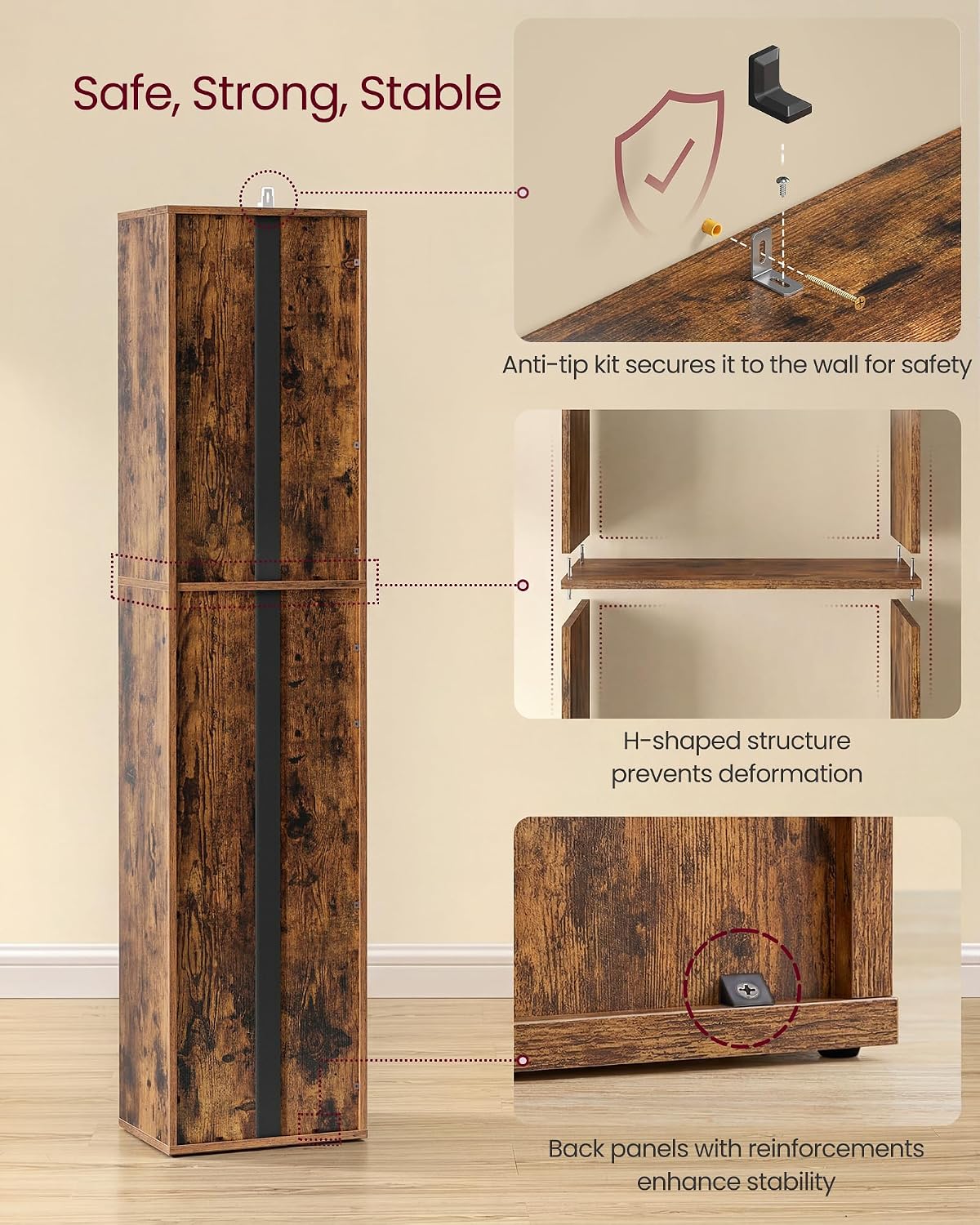 Detalle de VASAGLE Collection 5-Tier Bookcase (CUSTOS LBC419KD01) – Open Storage Shelving in Rustic Brown