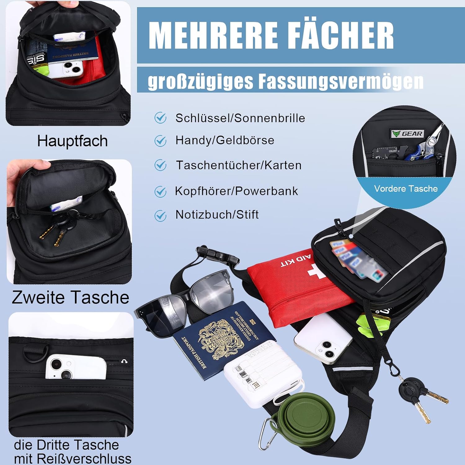 Thumbnail 4 de Eshow Beintasche Motorrad – Erweiterbare Oberschenkeltasche für Herren und Damen, verstellbarer Bein- und Hüftgurt, Reflexstreifen, 2 Karabiner, wasserdicht