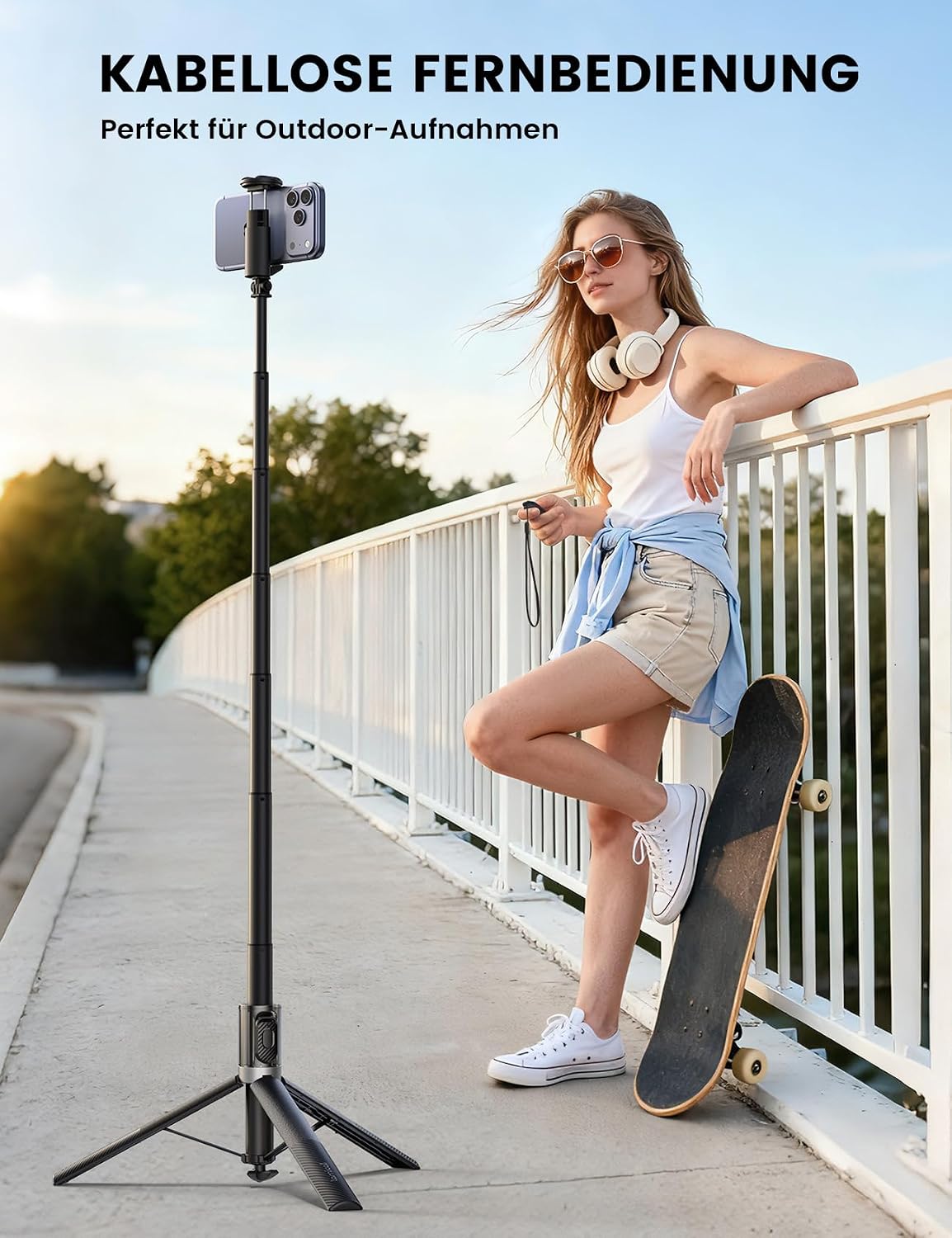 Detalle de Lamicall Handy Stativ 3-in-1: Selfie Stick mit Automatik-Öffnung und Fernbedienung – 165 cm