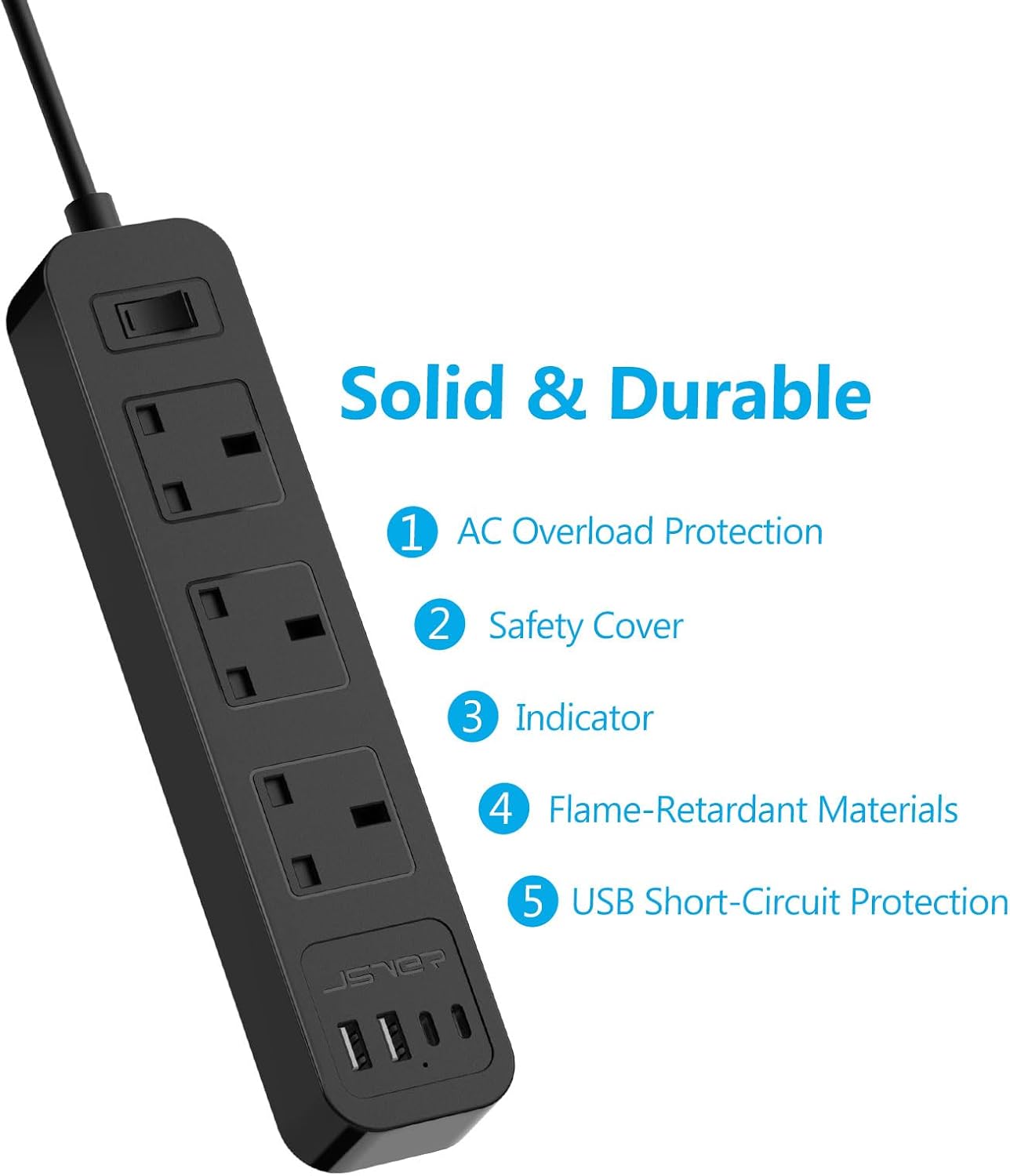 Thumbnail 4 de JSVER 7-in-1 Extension Lead with USB-C & USB-A Slots, 3 AC Outlets and 2m Cable (Switch) – Black