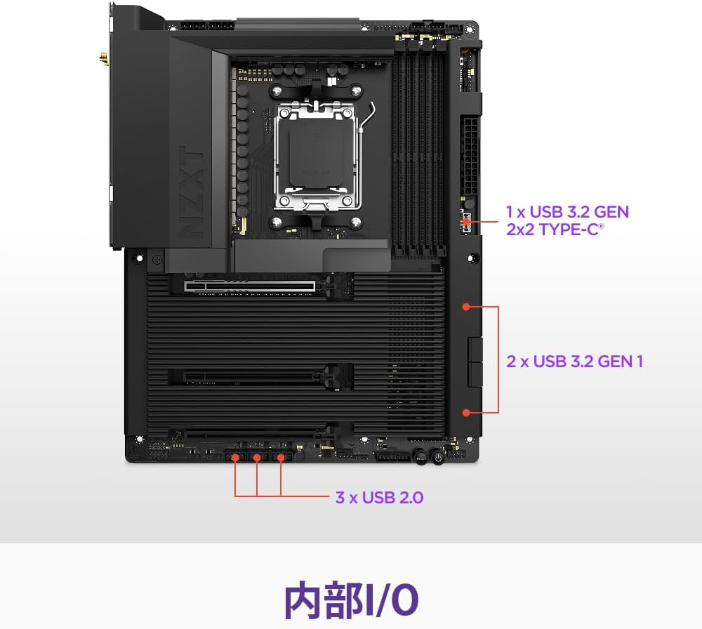 Detalle de NZXT N7-B85XT-B1 N7 B850 ATXマザーボード、黒色フルカバー・Wi-Fi 6E・PCIe 5.0対応
