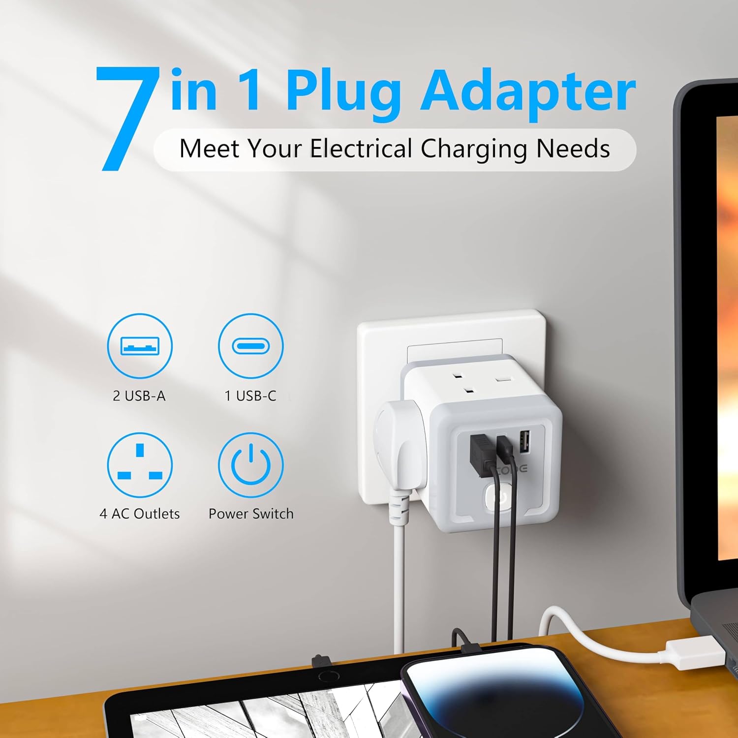 Detalle 2 de AICODE 7-in-1 Plug Extension Socket with 3 USB (4-way) and Switch, 13A Multi Plug Adapter UK