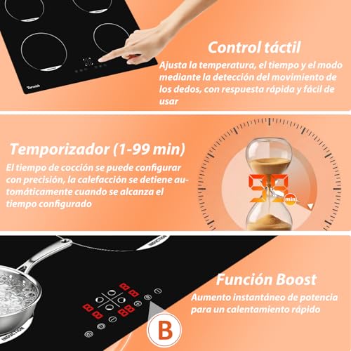 Detalle de TOPWISH placas de inducción de 60 cm con 4 fuegos y 7200W