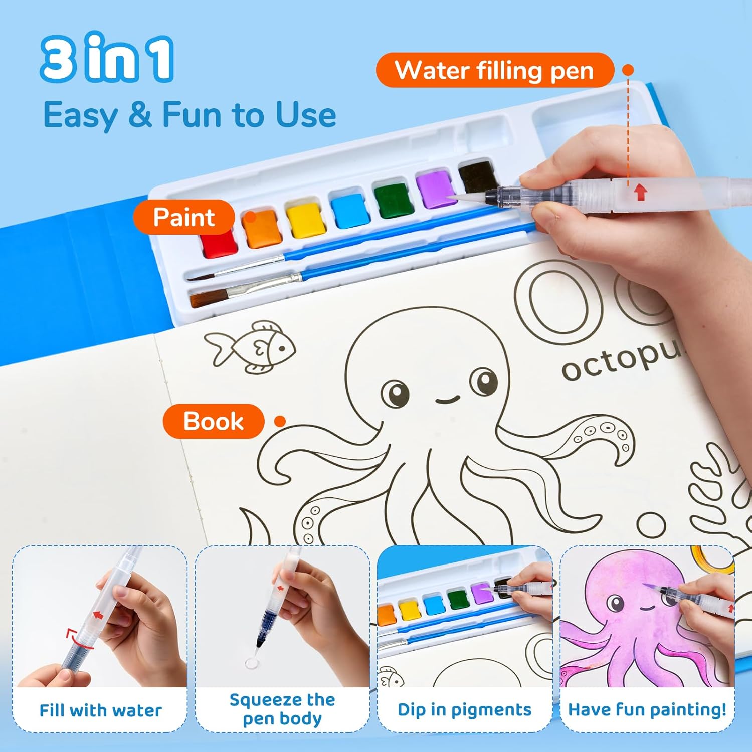 Thumbnail 4 de JoyCat Malbuch mit Wasserfarben – 3-in-1 Malset für Kleinkinder (3–8 Jahre) Blau
