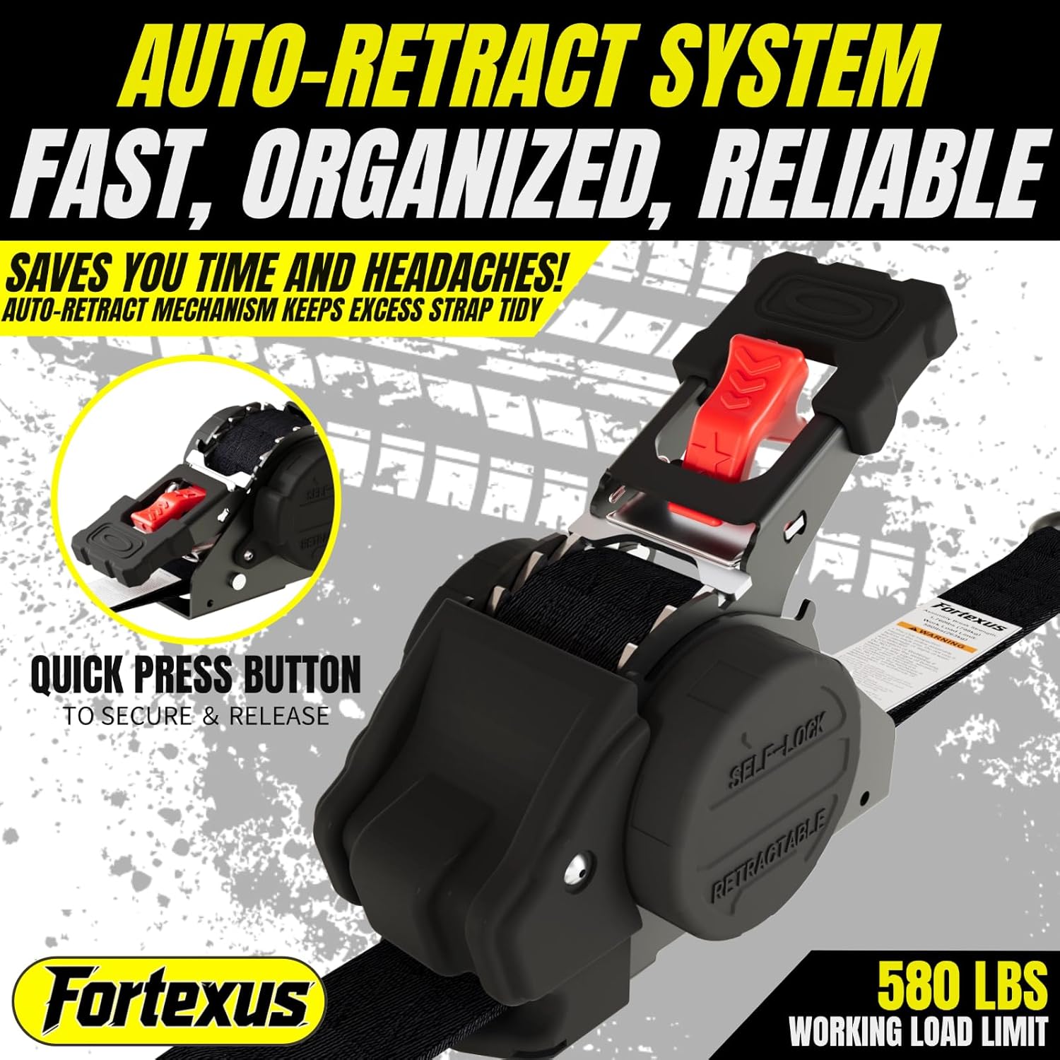 Detalle de Fortexus Retractable Ratchet Straps 1'' x 12 ft – 4 Pack (1760 lb) for ATV, Trailer, and More