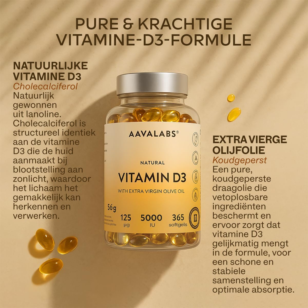 Detalle 2 de AAVALABS Vitamine D3 5000 IE softgels, 365 stuks met olijfolie