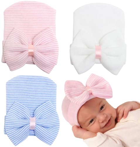 Detalle de Malaxlx 3 Pack Newborn Hat with Bow – Soft Cotton Baby Beanie (0–3 Months)