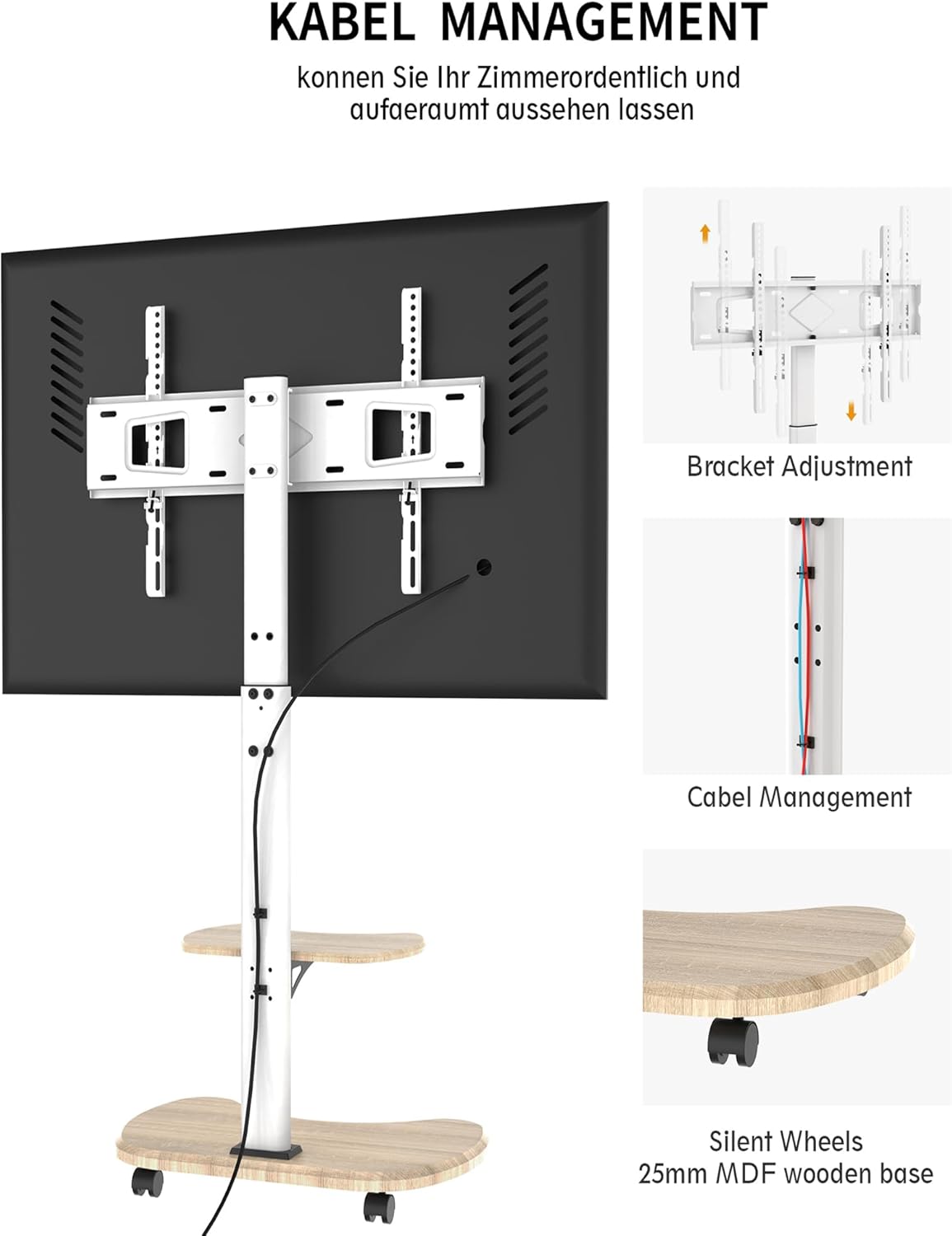 Thumbnail 2 de XTRARM Stellar supporto TV da pavimento con ripiano in legno, carrello mobile e ruote regolabili (32-70”, 45 kg, VESA fino a 600x400)