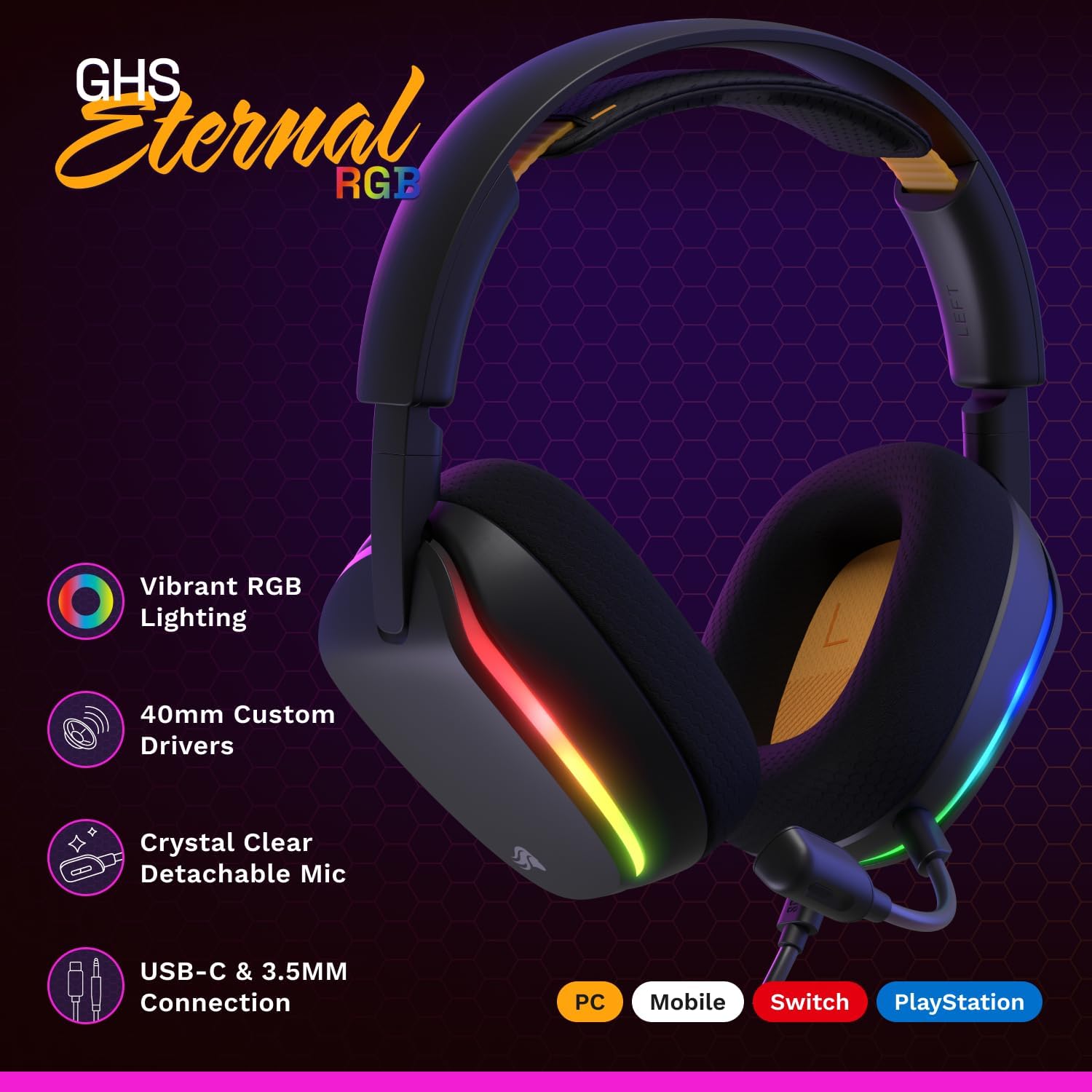 Thumbnail 1 de GLORIOUS GHS Eternal RGB Stereo RGB Gaming Headset with Detachable Mic (USB-C, PC/PS5/PS4/Switch) - Black