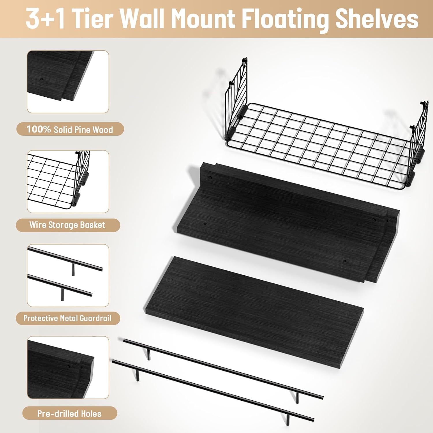 Detalle de KOWSINDE Art deco Bathroom Shelves with Wire Basket and Metal Guardrail