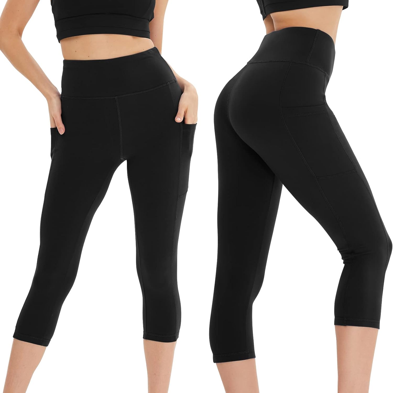 Detalle de FOTOCITI Damen Leggings Capri mit Taschen – Hoher Bund, blickdicht, 3/4 Länge