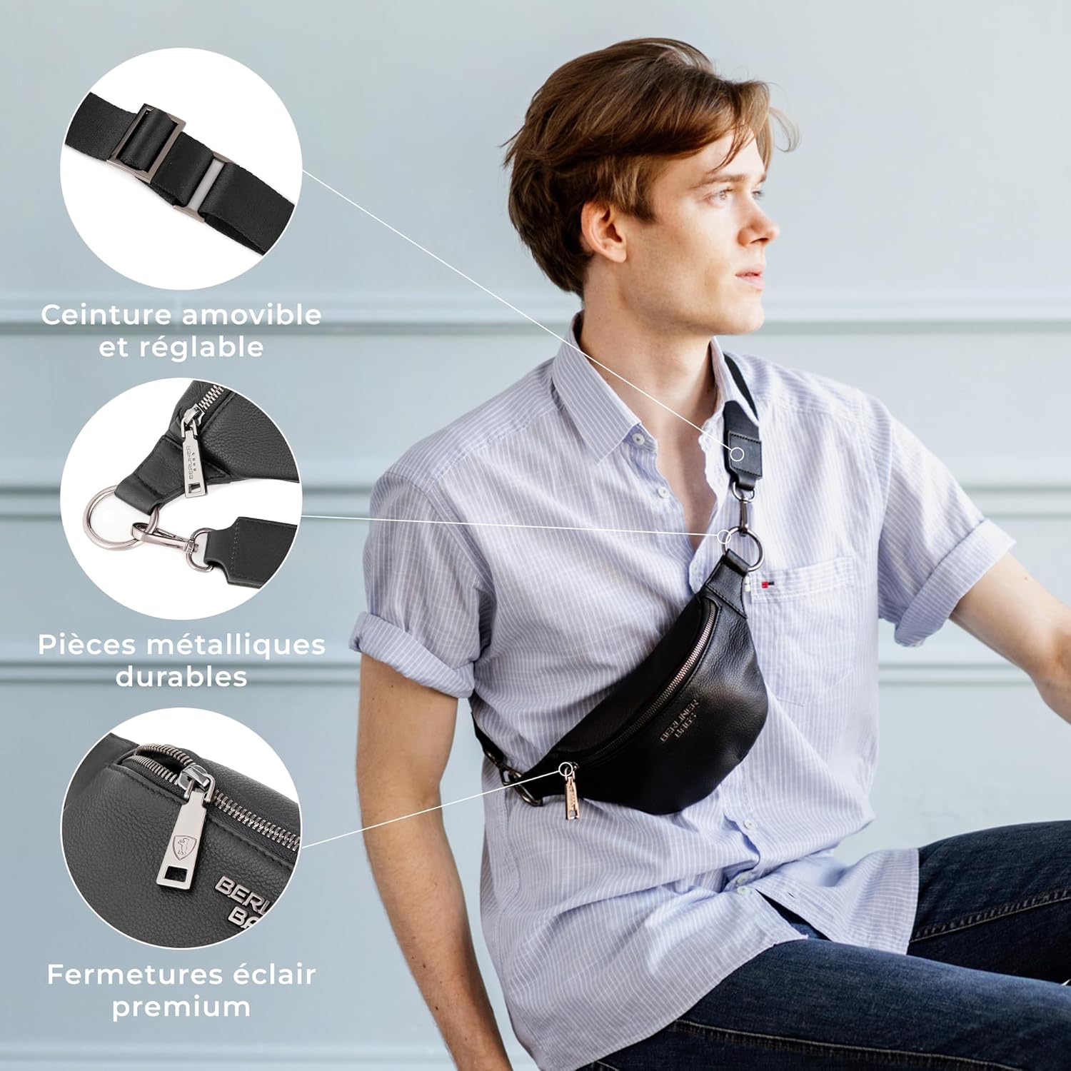 Thumbnail 4 de Berliner Bags Mona banane en cuir avec sangle réglable – noir