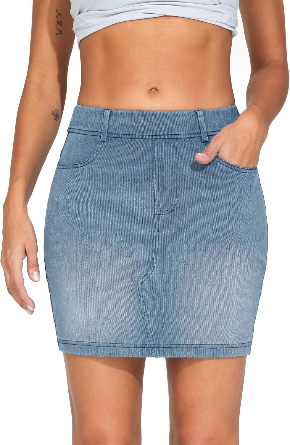 Detalle 1 de THE GYM PEOPLE Stretchy Denim Mini Skirt, High Waist, Four Pockets