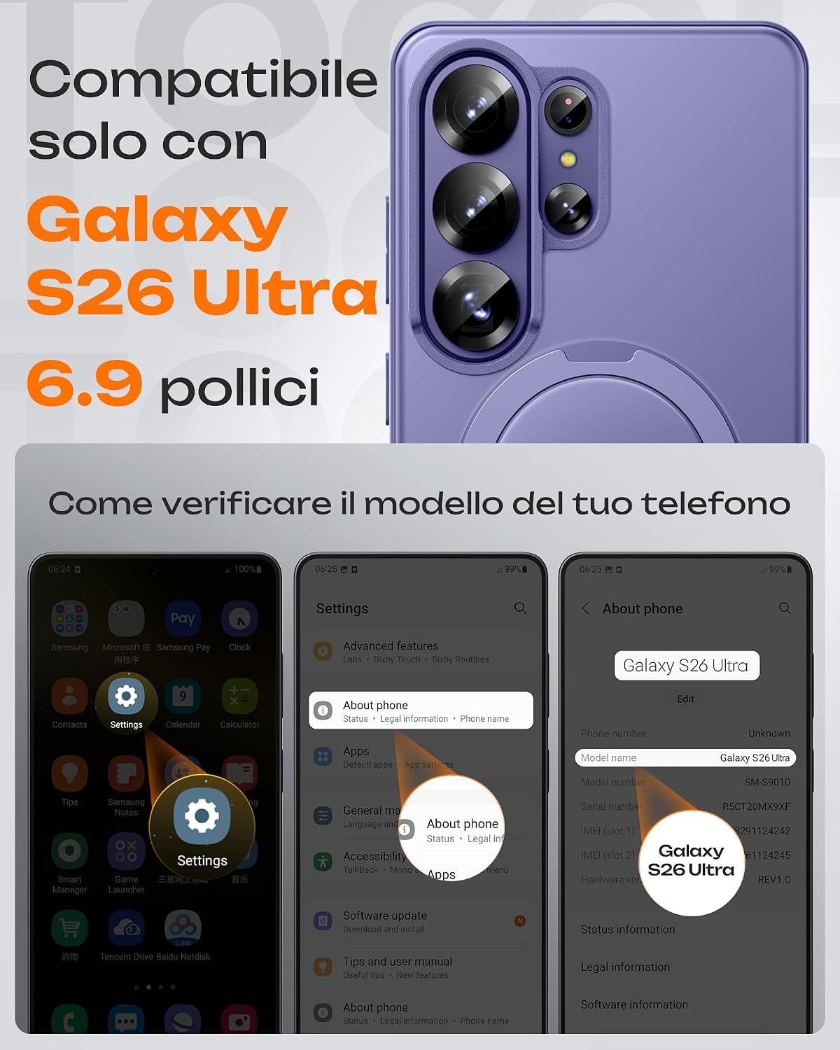 Detalle 2 de TOCOL Cover magnetica con supporto per Samsung Galaxy S26 Ultra 6,9” compatibile MagSafe, viola