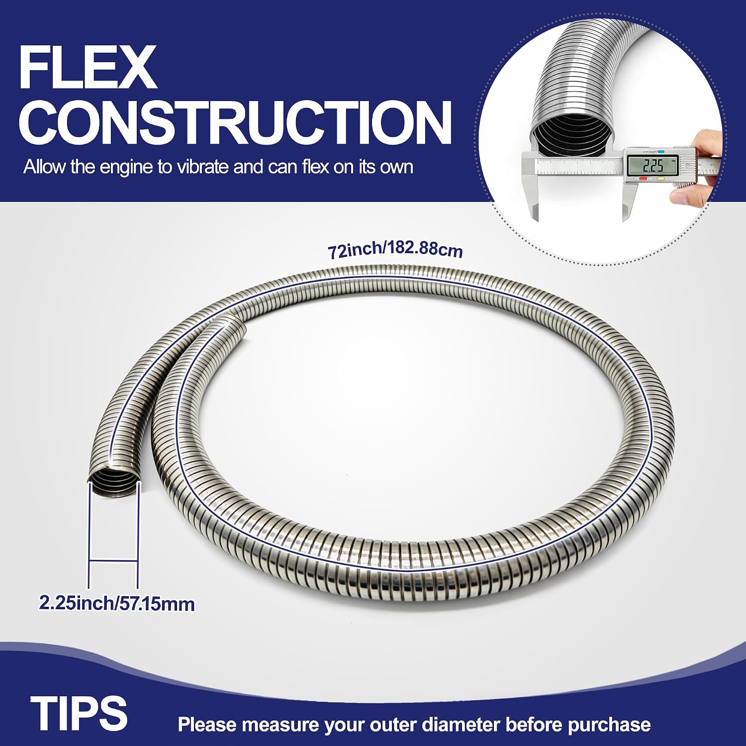 Detalle de SKYMIRO 2.25" Exhaust Flex Pipe (304 Stainless) — 72" Universal Flexible Tubing