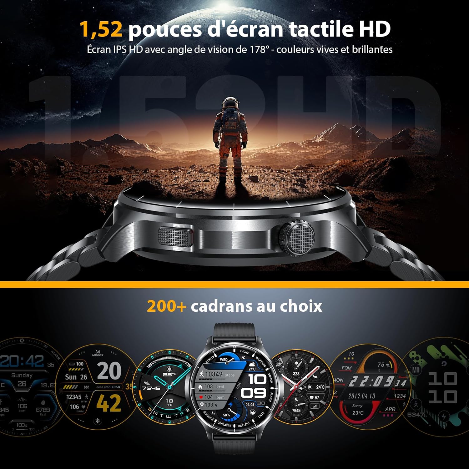 Thumbnail 5 de Montre connectée homme 1,52" HD avec appels Bluetooth et batterie 1000 mAh (IP68, acier noir)