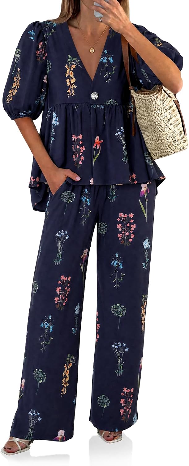 Detalle 2 de Tankaneo Women's 2-Piece Linen Sets: V-Neck Puff Sleeve Babydoll Top & Wide Leg Pants