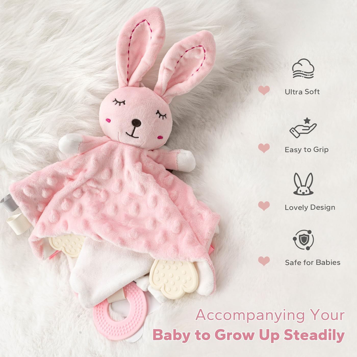 Detalle de ZIGJOY Baby Comforter with Crinkle Foil and Bell – Taggie Blanket Gift for Newborns (Pink Bunny)