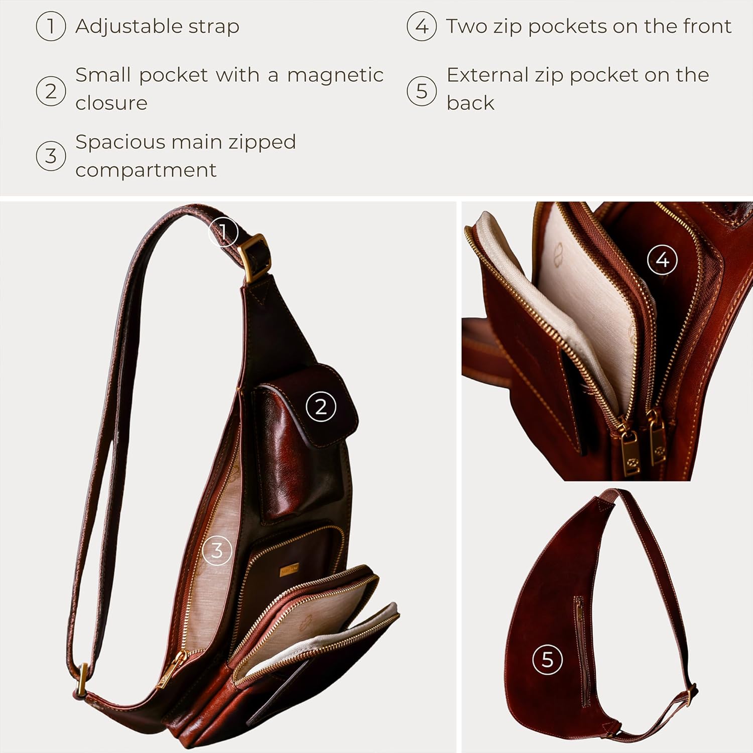 Thumbnail 5 de Time Resistance Brown Leather Sling Bag – Handmade Italian Full-Grain Crossbody