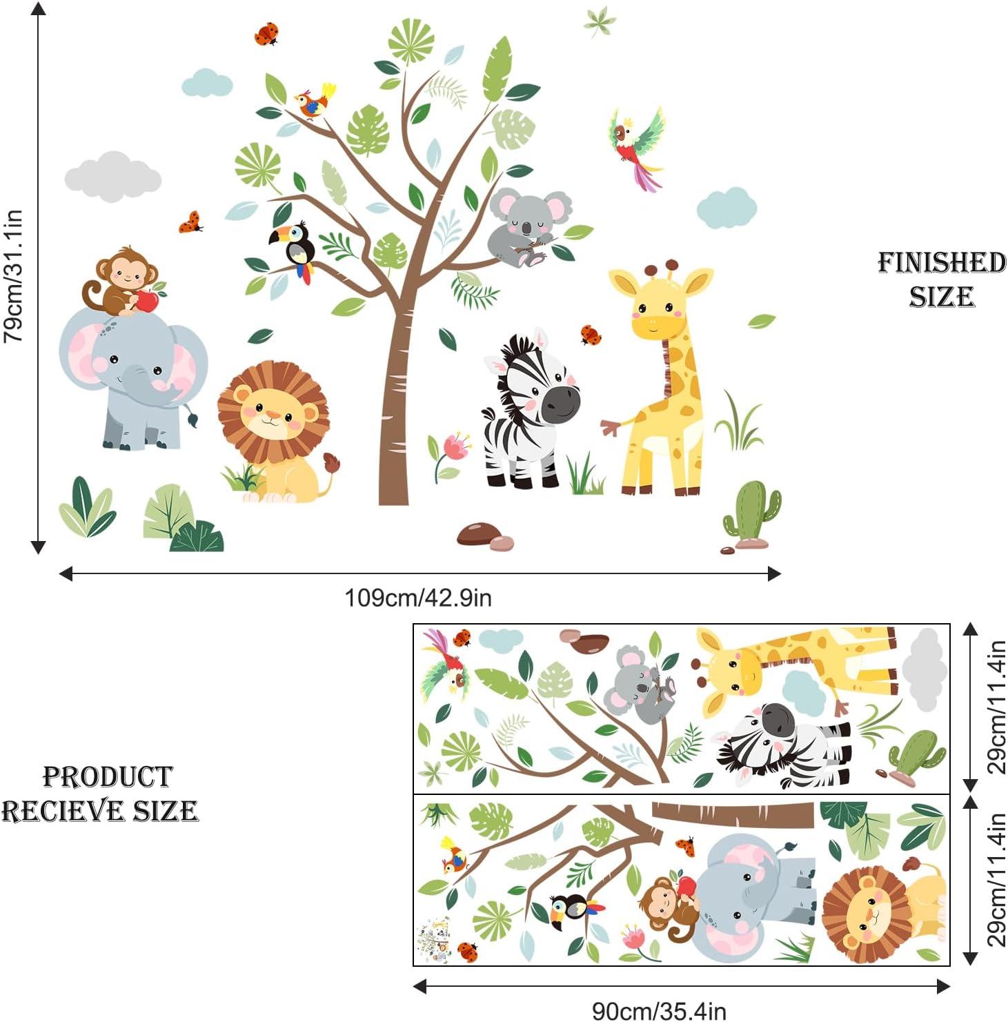 Thumbnail 6 de Supzone Jungle Animals Tree Wall Stickers: Safari Elephant, Giraffe, Lion & Zebra for Kids' Rooms