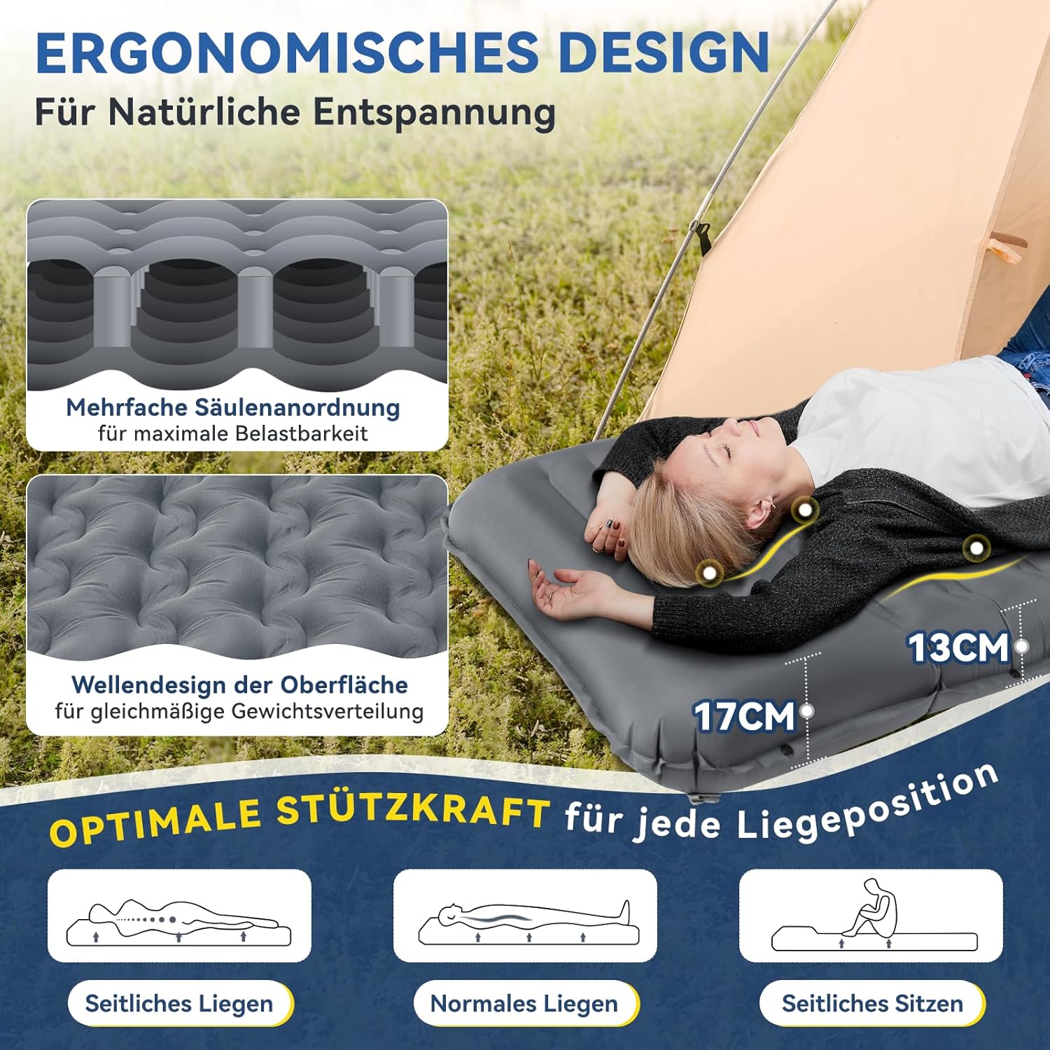 Thumbnail 1 de HIKENTURE Camping Isomatte 13 cm – ultradick, mit Kissen, Aufblasbar, kompakt verpackbar