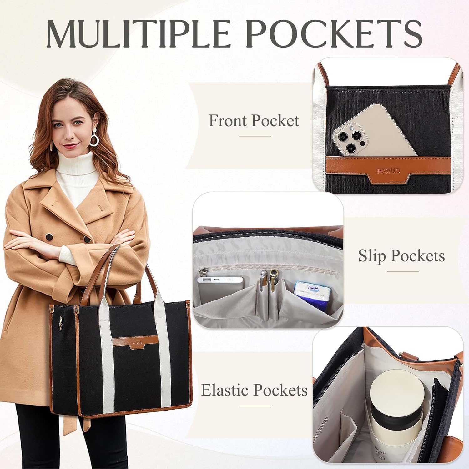 Thumbnail 3 de RAVUO Laptoptasche Damen – Canvas Business-Tasche für 15,6 Zoll Laptop, großes Fassungsvermögen, wasserabweisend