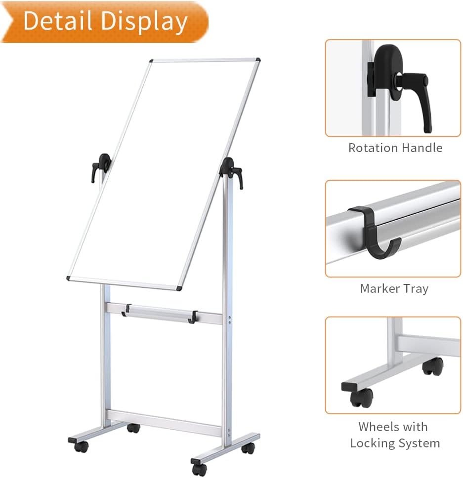 Thumbnail 4 de VIZ-PRO Lavagna Bianca Mobile con Supporto – Doppia Faccia, Cornice in Alluminio 120 x 60 cm