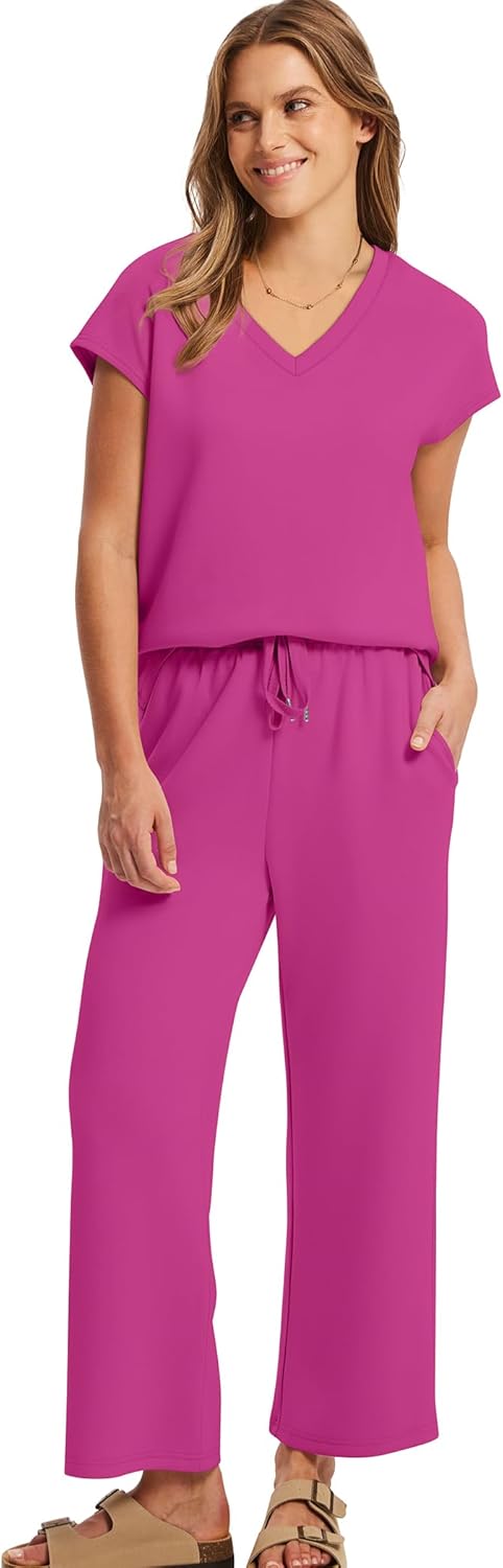 Thumbnail 2 de Saloogoe Two-Piece Lounge Set for Women: V-Neck Cap Sleeve Top & Wide-Leg Pants