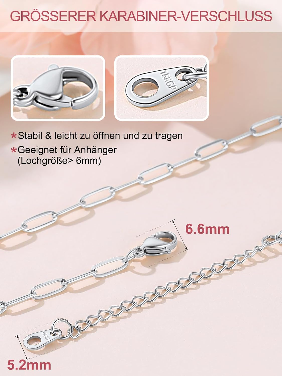 Detalle de FOCALOOK Gliederkette Damen aus 316L Edelstahl – Trombone-/Büroklammer-Kettenglieder, 3 mm breit