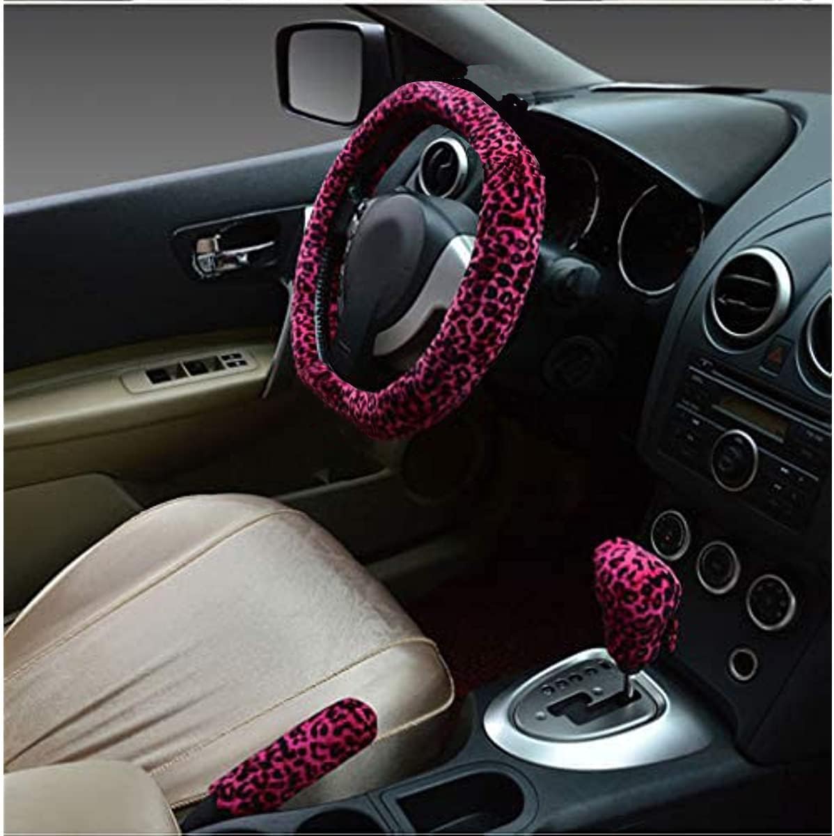 Detalle de 3 in 1 Soft Leopard Car Steering Wheel Cover, Handbrake Grip & Gear Shift Collar (Red, Standard) — Warm Winter Accessory
