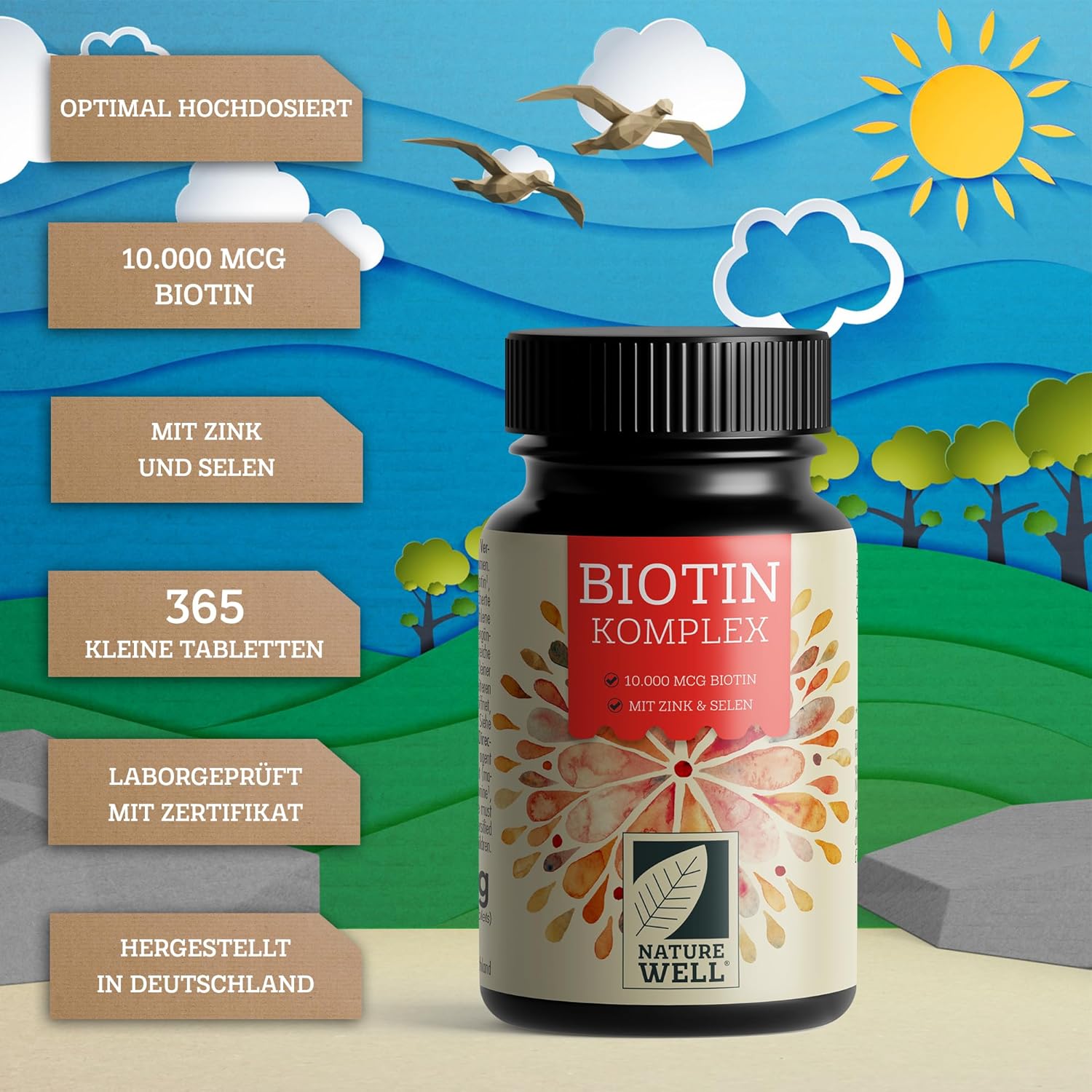 Detalle de Biotin Hochdosiert 10.000 µg Komplex mit Zink & Selen – 365 Tabletten, vegan, laborgeprüft, 1-Jahres-Vorrat