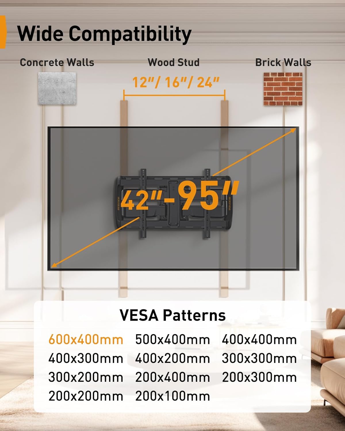 Thumbnail 1 de Perlegear Full Motion Sliding TV Wall Mount (PGTVM41B) for 42–95" TVs up to 150 lbs