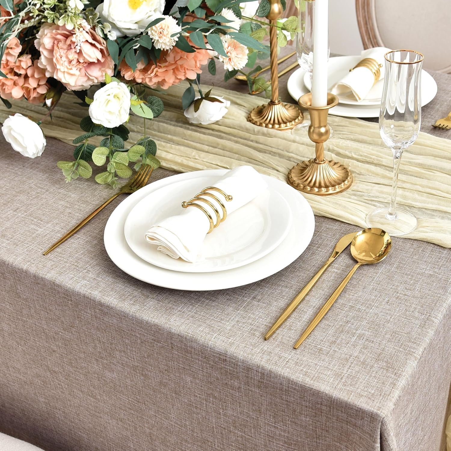 Detalle de Fitable Faux Linen Tablecloths for Rectangle Tables (2-Pack, 60x102 Inch) – Water & Stain Resistant Farmhouse Table Covers