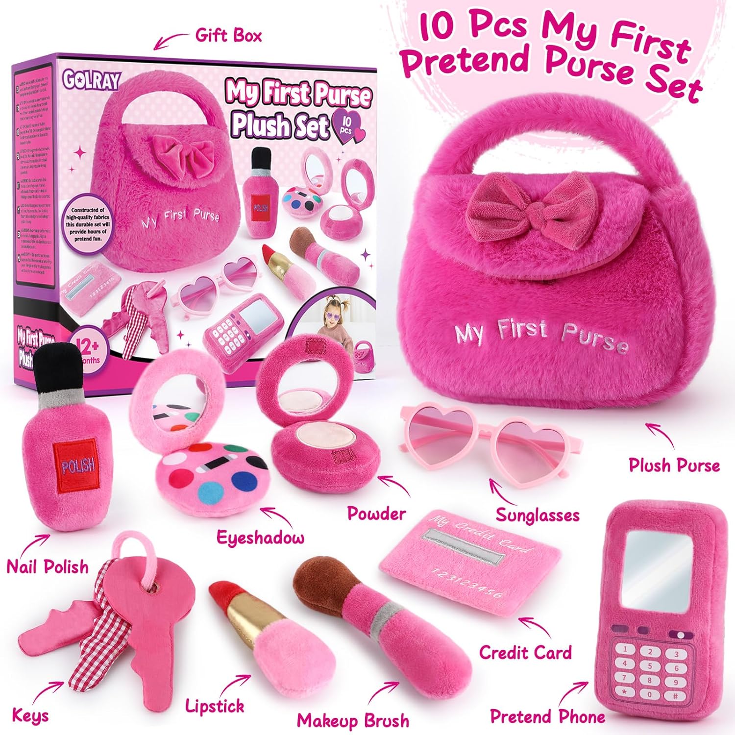 Thumbnail 6 de Toylink Geschenk Mädchen Handtaschen-Set (2–5 Jahre) mit Plüsch-Handtasche, Sound-Handy und Make-up-Zubehör – Rosa