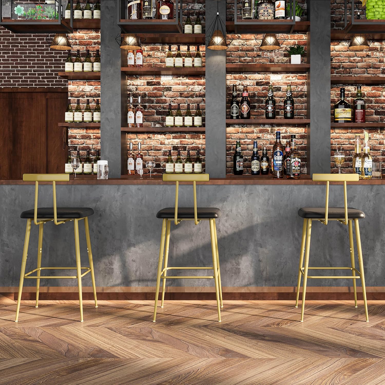 Detalle de YAUKTAK Sgabelli Bar Set di 2 - Design moderno con poggiapiedi e schienale in PU, rivestimento nero/oro/dorato
