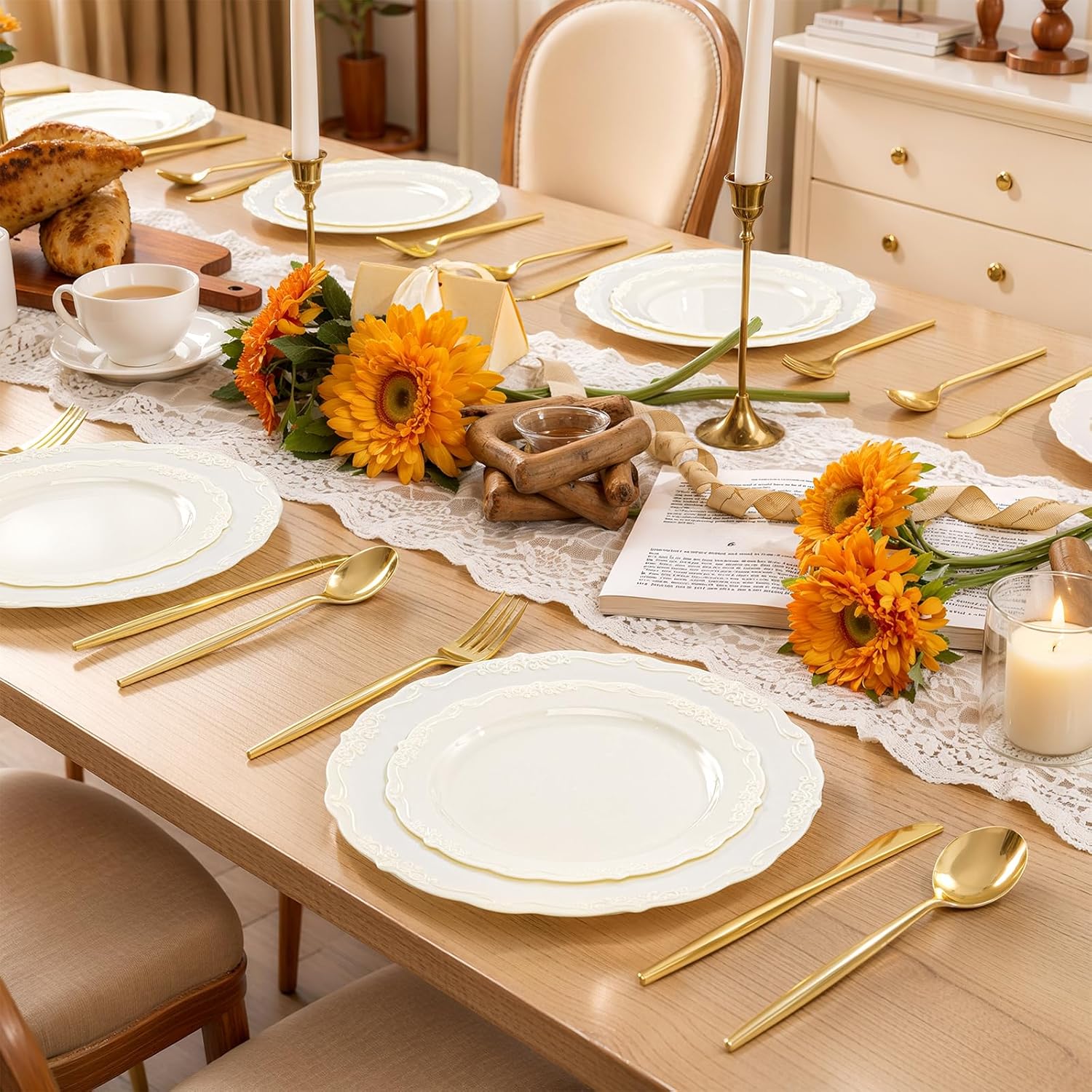 Thumbnail 4 de U-QE 100 Pieces Ivory Plastic Plates for Party – Heavy Duty Disposable Dinner & Dessert Plates (50 x 10" + 50 x 7.5")