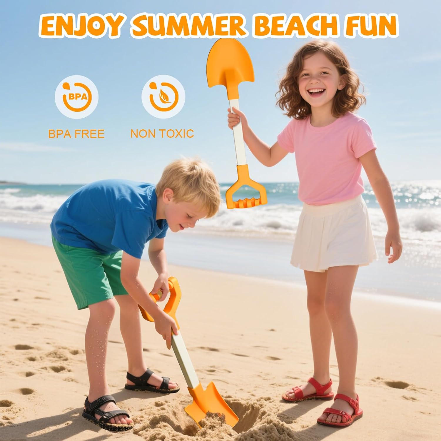 Detalle de QINGLER 20” Long Sand Beach Shovels for Kids (2-Pack) — Heavy-Duty Plastic Shovel Tools for Sandbox, Garden, Snow Play