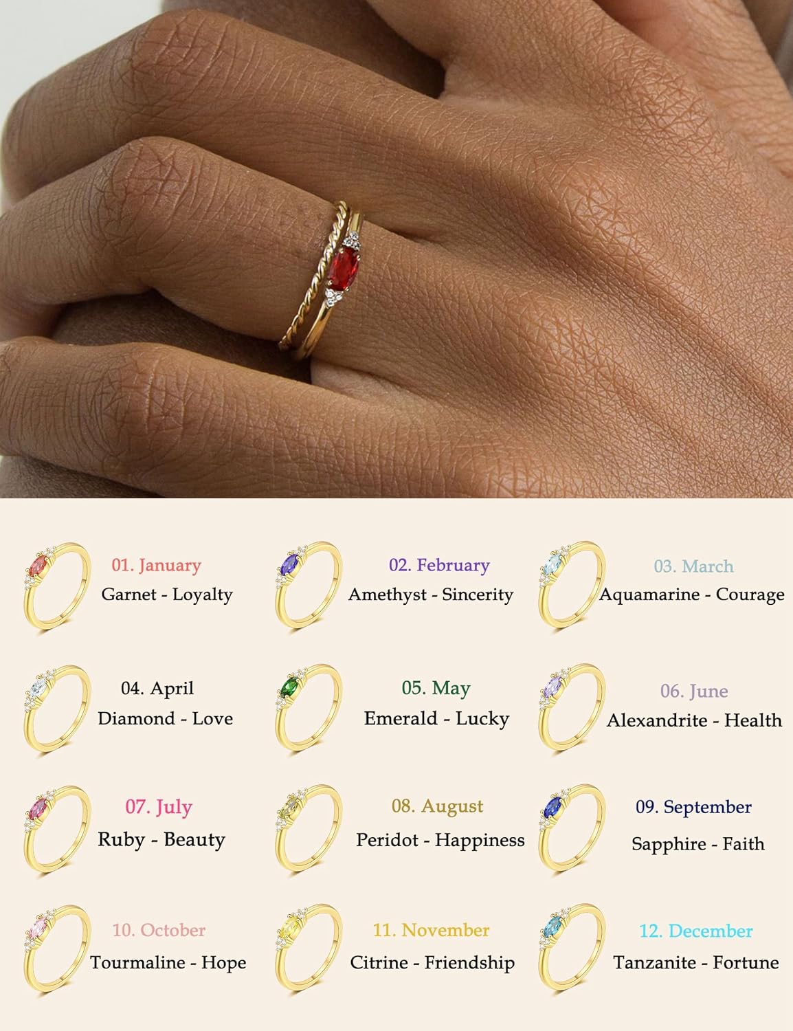 Detalle 2 de ZNBOH Gold Damen Geburtsstein-Ring (18K vergoldet, wasserfest) mit Zirkonia, stapelbar