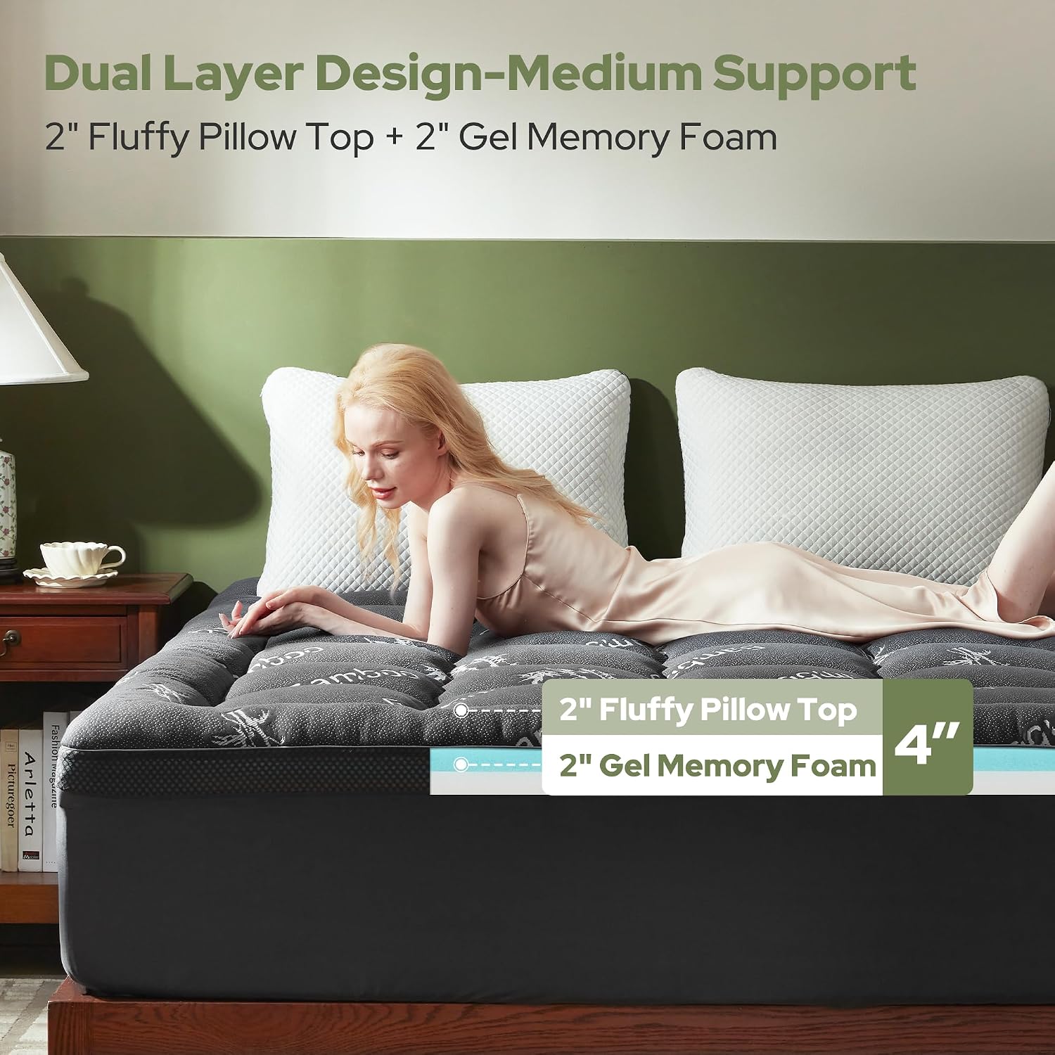 Detalle de BEDLORE Dual Layer 4-Inch Queen Mattress Topper, Gel Foam & Plush Top