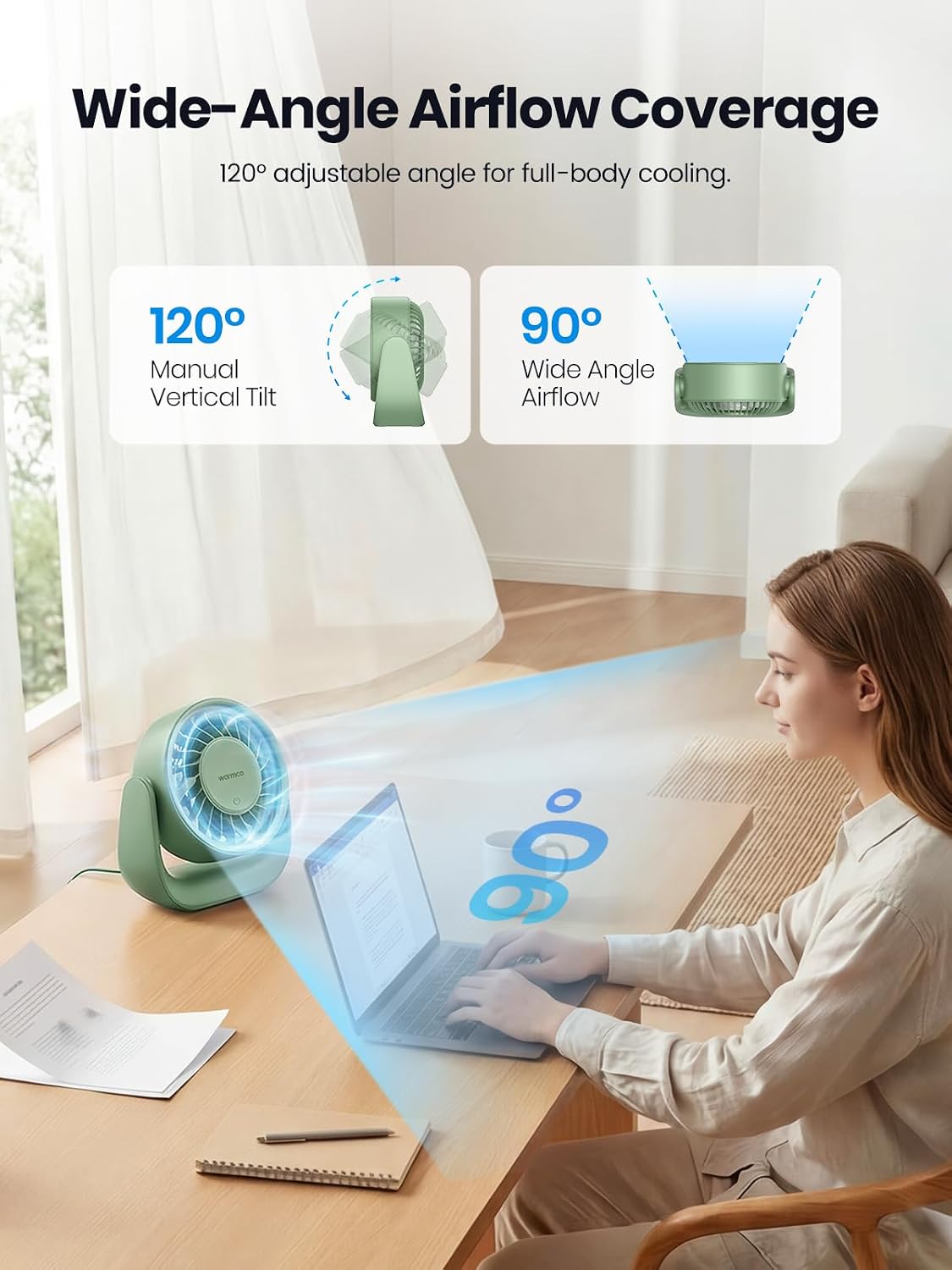 Detalle de Warmco USB Desk Fan DS1: 3-Speed, 2-in-1 USB-A & USB-C, 120° Tilt, No Battery