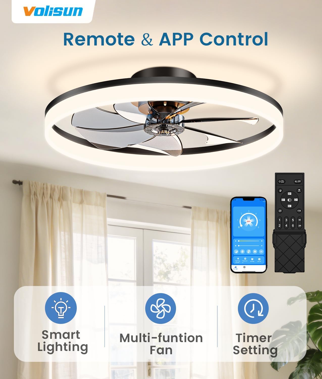 Detalle de VOLISUN 8225C-700 Low-Profile Bladeless Ceiling Fan with Light, 27.6-Inch