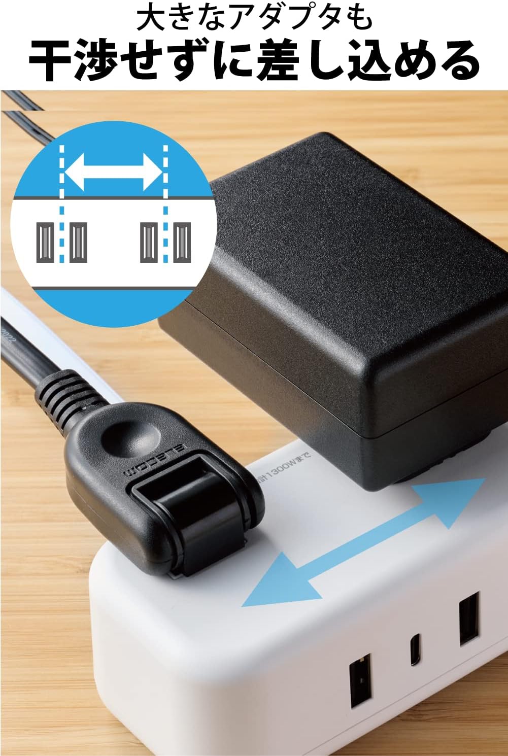 Detalle 1 de エレコム ECT-25215WH 雷ガード付き電源タップ USB-C 20W対応・3ポート・1.5m