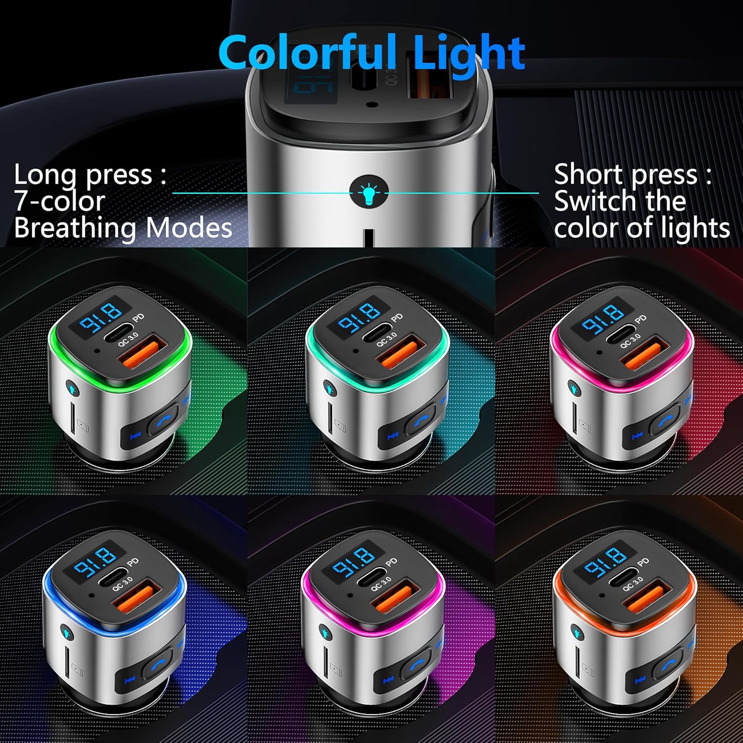 Detalle de SONRU Bluetooth FM Transmitter with Bluetooth 5.3, 30W PD & 18W QC3.0 Fast Charge, 7-Colour LED Backlight