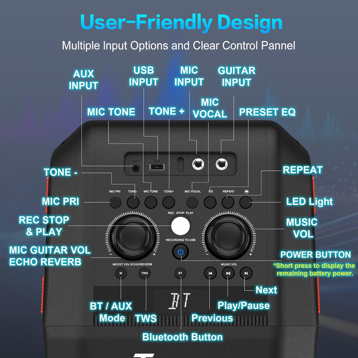 Detalle de TAMPROAD Q66 300W Peak Bluetooth party speaker with subwoofer and LED light show