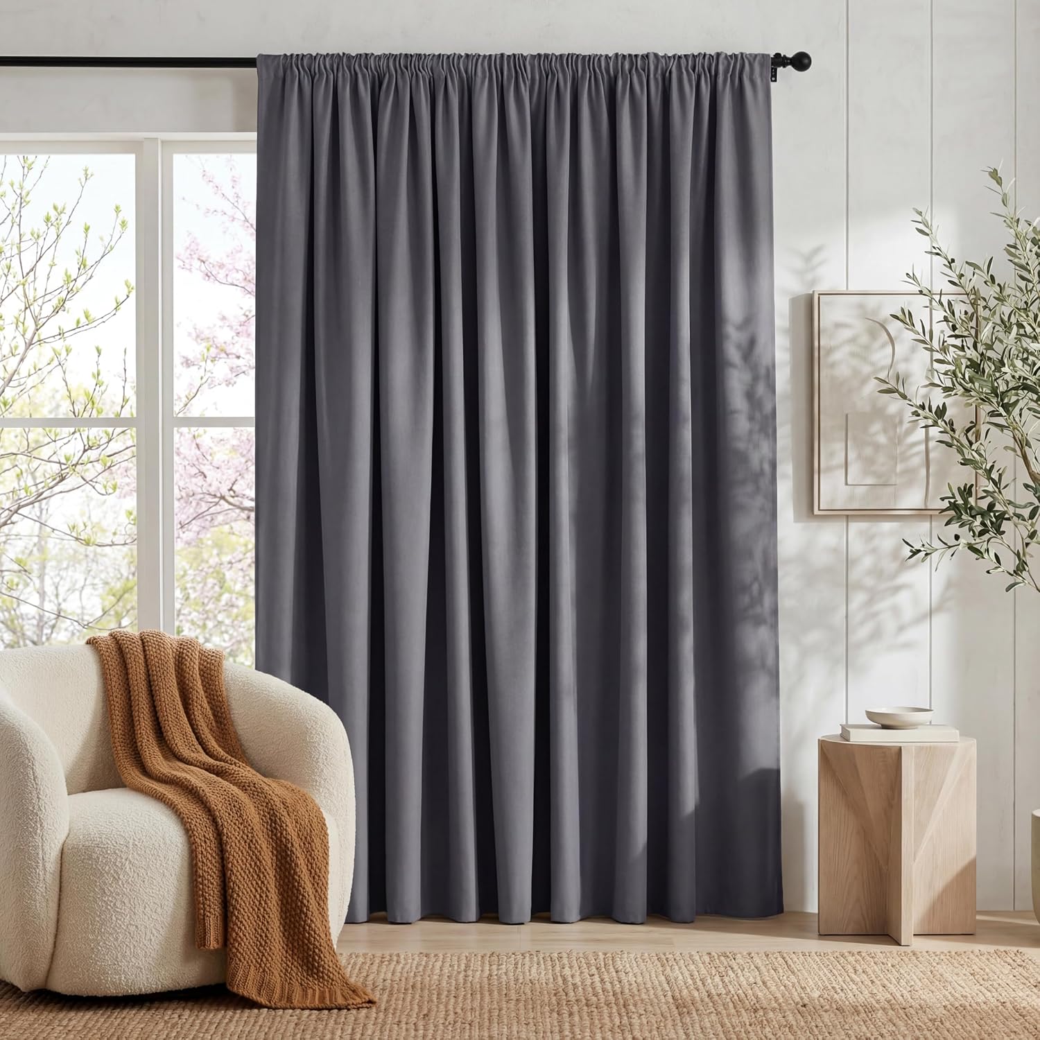Detalle de PONY DANCE 90% blickdichter Thermovorhang mit Kräuselband für Schiene – H 245 x B 300 cm, Grau (1er Set)