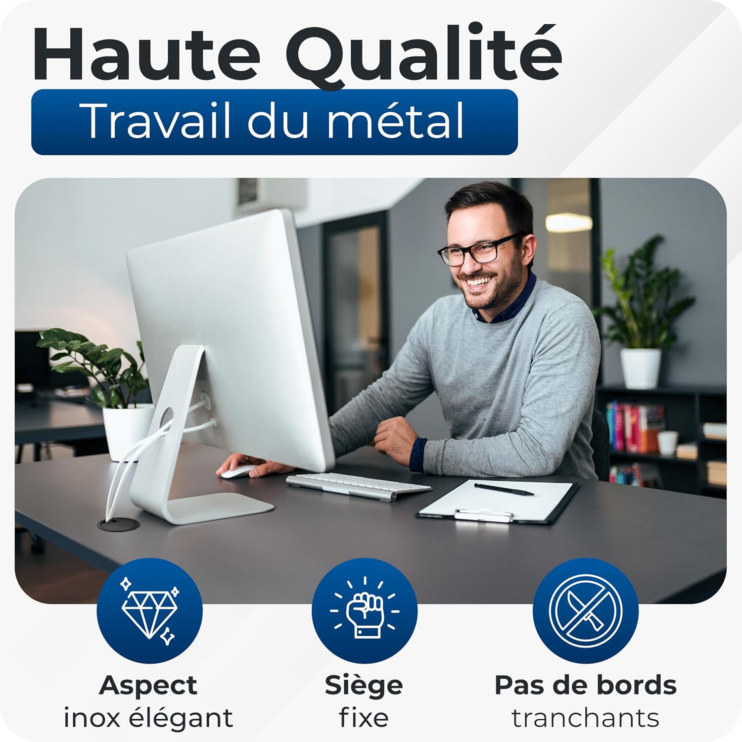 Detalle de BRUCE – Lot de 2 œillets de câble en métal Ø60 mm pour bureau, 2 passages