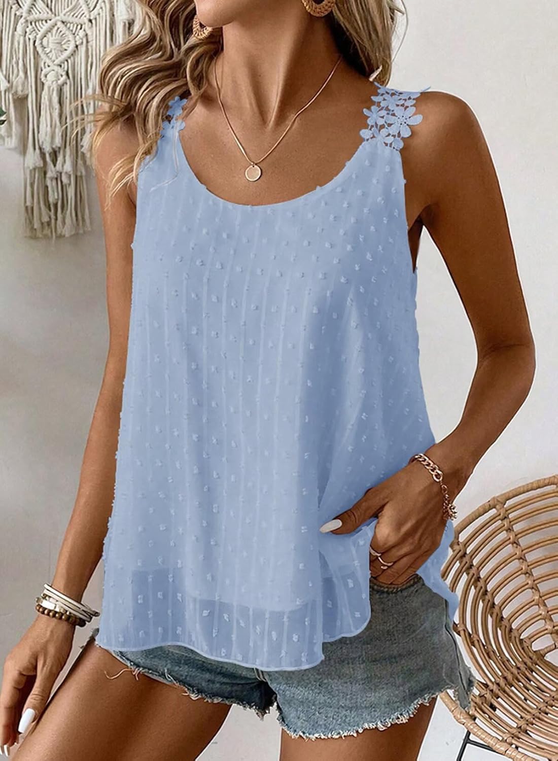 Thumbnail 5 de Womens Tank Tops Flowy Sleeveless Summer Boho Tank Top for Women Casual Crewneck Strap Lace Camisole Shirts